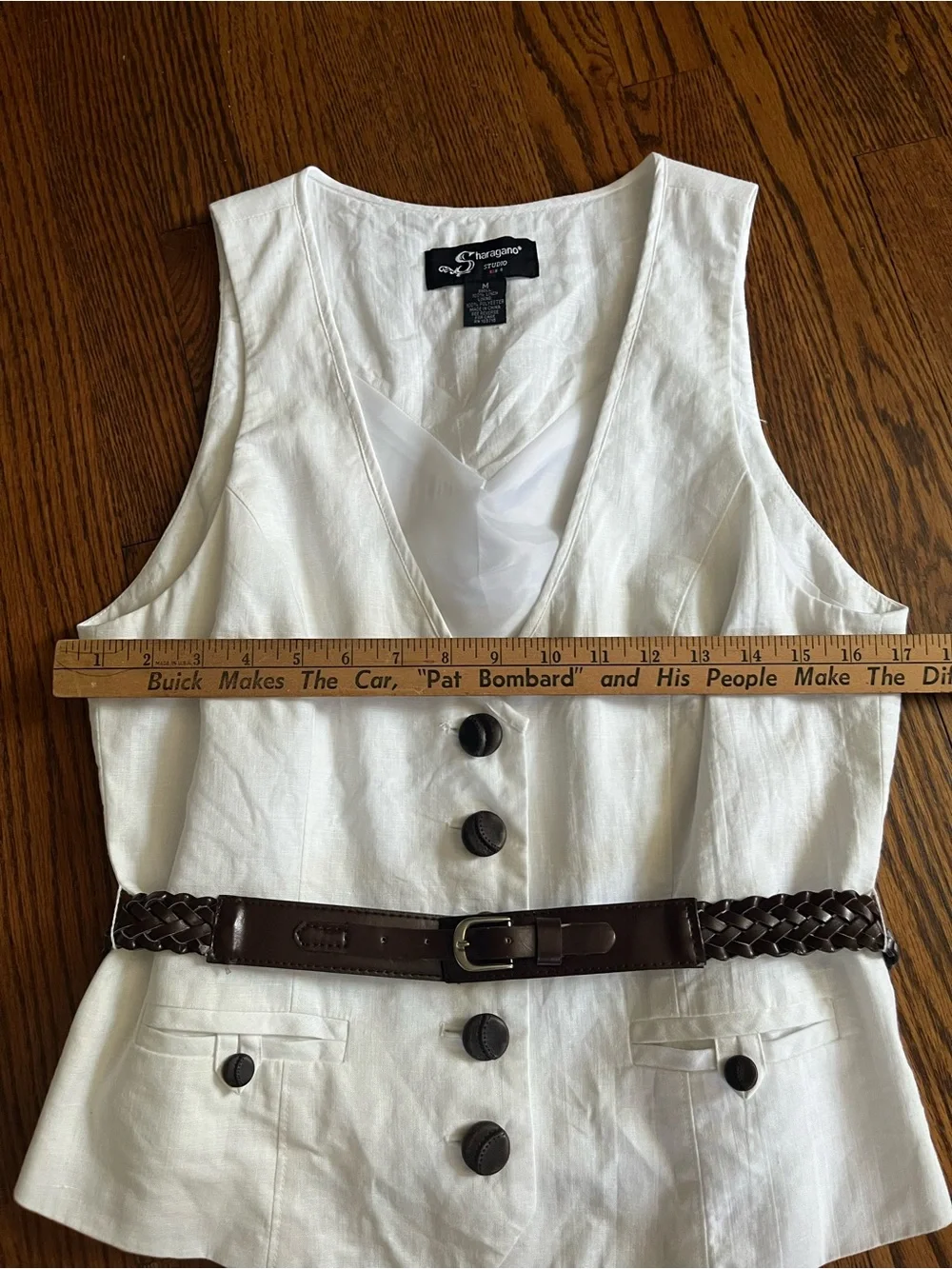 Vintage 90s Sharagano Studio White 100% Linen Button-Up Vest with Brown Belt